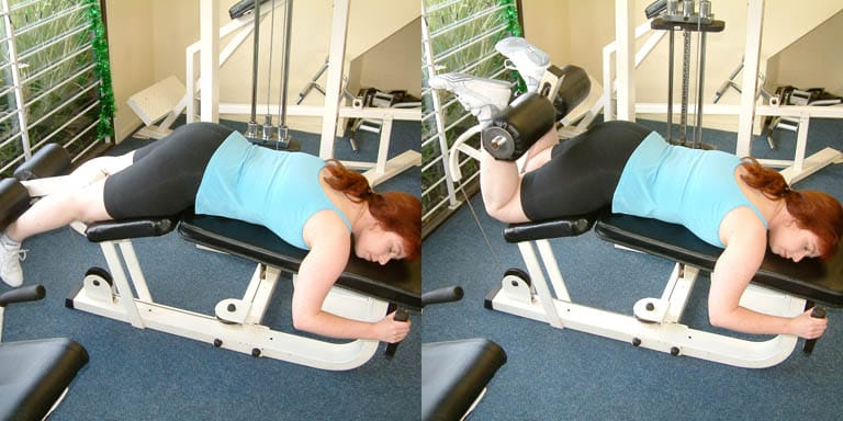 Two-panel photograph of a prone lying leg curl.