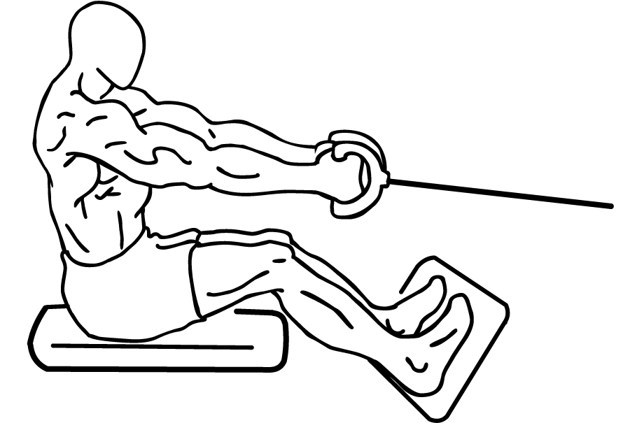 Line-art finish position of a seated cable row.