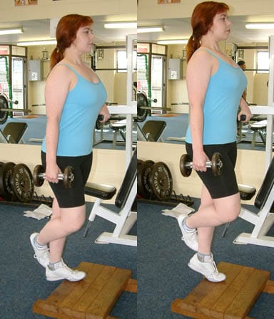 Two-panel single-leg standing calf raise with a dumbbell.